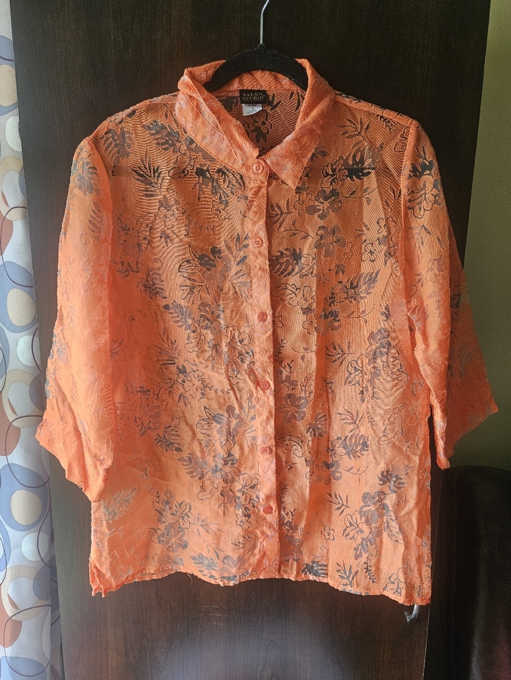 Salon Studio Sheer Coral Pink Button Down Blouse Size Large